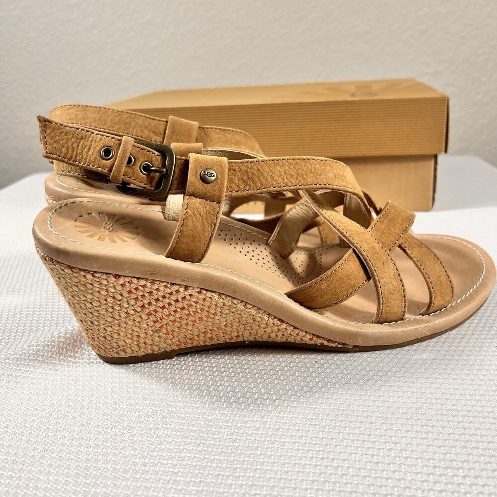 NIB Ugg Wedge High Heel Strappy Sandals Size 9 Brown Leather‎ - Picture 2 of 16